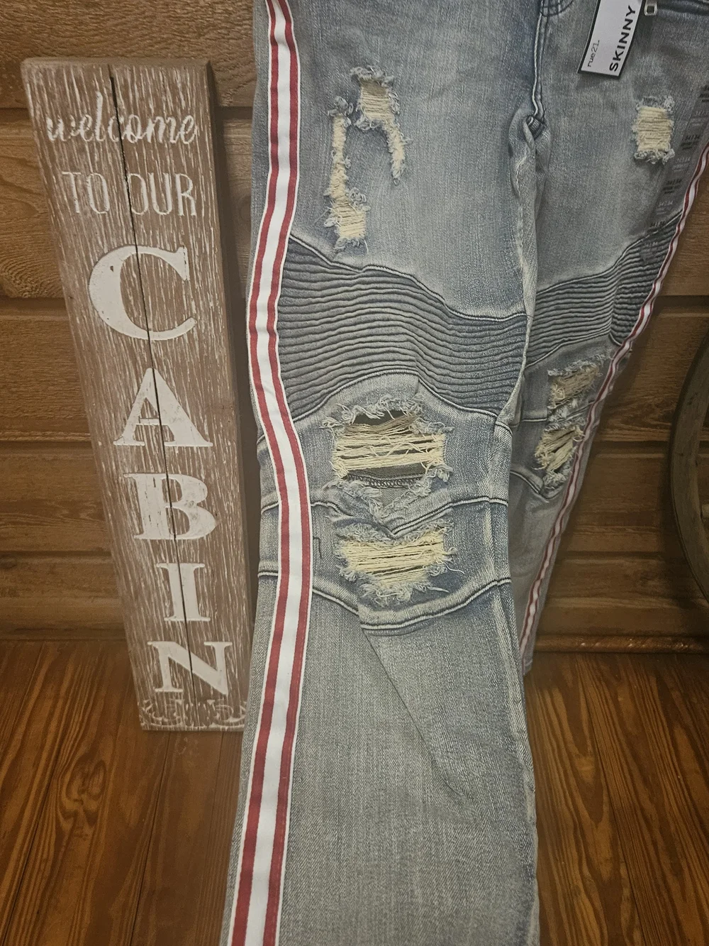 Rue21 Men's Light Blue Distressed Skinny Jeans with Red Side Stripe